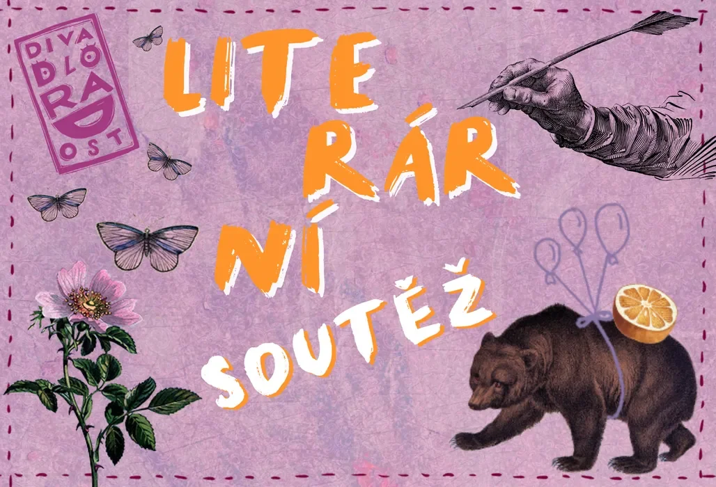 Banner literární soutěže, kde je název, logo divadla Radost a kolem ilustrační zvířata jako medvěd a motýli