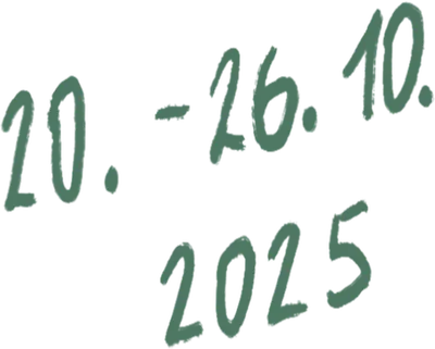 Ručně psaný zelený text s datem "20. - 26. 10. 2025", kaligrafický styl odpovídající vizuálnímu stylu festivalu