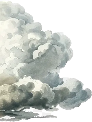 Umělecká ilustrace bílých a šedých mraků, vytvářejících měkké, nadýchané útvary, akvarelový styl s jemnými přechody