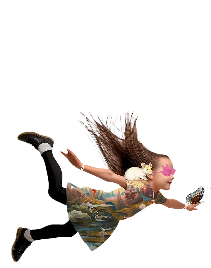 Surrealistická ilustrace dívky letící vzduchem v barevných šatech s myší na rameni, růžovými brýlemi a knihou v ruce, stylizovaná koláž.