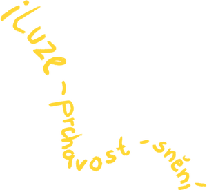 Žlutý stylizovaný text "iluze - prchavost - snění" uspořádaný do "vířícího" vzoru.