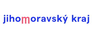 Logo Jihomoravského kraje s modrým textem a červeným 'm'