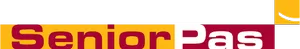 Logo SeniorPas s vínově červeným a bílým textem na žlutém pozadí se zaoblenými rohy